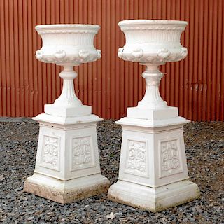 Pair of White Painted Cast Iron Garden Urns