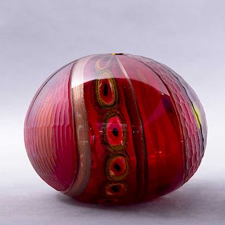 Afro Celotto. Jarrón. Diseño orgánico esférico. Elaborado en cristal de murano esmaltado en colore rojo, anaranjado, amarillo.