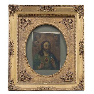 Sagrado Corazón de Jesús. México, siglo XIX. Óleo sobre lámina. 25 x 18 cm
