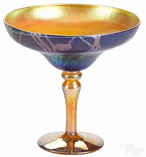 Durand art glass tazza with heart and vine decoration on a blue iridescent ground, signed on base