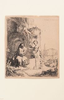 Harmenszoon van Rijn, Rembrandt. Christus en de Samaritaanse Vrouw bij een Ruïne. Amsterdam, 1634. Aguafuerte y punta seca, 12.3 x 10.9 cm.