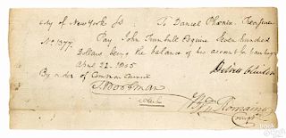 City of New York receipt, dated April 22, 1805, inscribed To Daniel Phoenix - treasurer