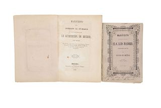 Madrid, Luis. Manifiestos Referentes al Plan del Hospicio. México, 1853. Piezas: 2.