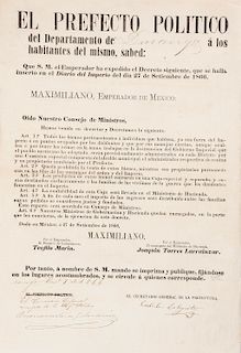 Habsburgo, Fernando Maximiliano de. “El Prefecto Político del Departamento de Durango... 1866. 42x29 cm.
