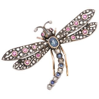 A sapphire (one GIA certified), ruby (one GIA certified) and diamond 10K yellow gold and silver brooch.
