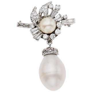 A cultured pearl and diamond 18K white gold brooch.