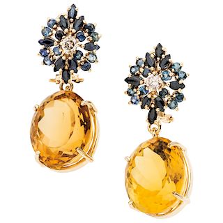 A citrine, diamond and sapphire 14K yellow gold pair of earrings.