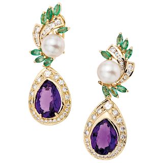 An amethyst, cultured pearl, emerald and diamond 14K yellow gold pair of earrings.
