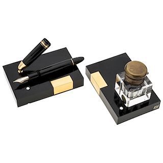 MONTBLANC MEISTERSTÜCK fountain pen with pen holder and crystal inkwell.