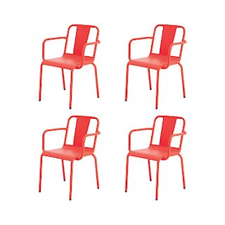 ISIMAR. España, años 2000. Juego de sillas "NÁPOLES". Estructuras de aluminio color rojo. Con respaldos y asientos lisos. Piezas: 4