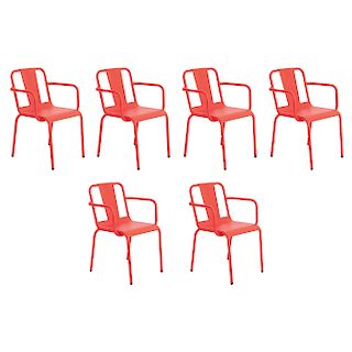ISIMAR. España, años 2000. Juego de sillas "NÁPOLES". Estructuras de aluminio color rojo. Con respaldos y asientos lisos. Piezas: 6