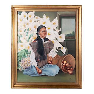 Enrique D´Aoust. Mujer con alcatraces y manzanas. Firmado en el ángulo inferior derecho. Óleo sobre tela. Enmarcado en madera.