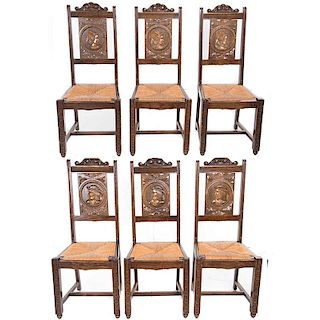 Lote de 6 sillas. Francia. Siglo XX. Estilo Bretón. En talla de madera de roble. Con respaldos cerrados, asiento de palma tejida.