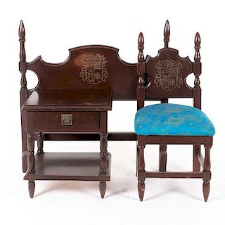 Lote de 3 muebles. Siglo XX. En talla de madera. Decorados con heráldica, pináculos y molduras. Consta de Silla, buró y cabecera.