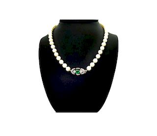 Antique 14k Emerald Dia Akoya Cultured Pearl Necklace