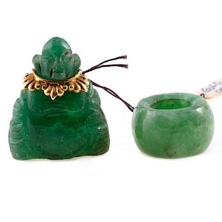 14k gold and carved green stone Buddha pendant, together with a jade bead