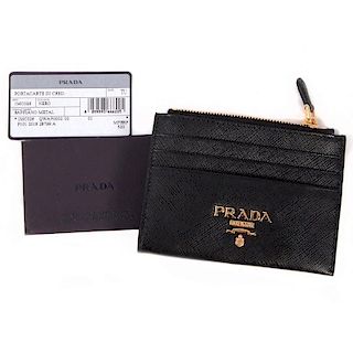 Prada Saffiano Metal Black Zipper Credit Card/Change Purse