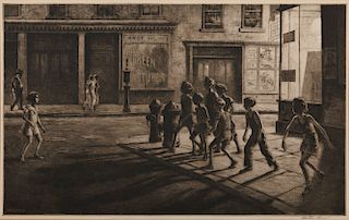 MARTIN LEWIS, (American, 1883-1962), Bedford Street Gang, drypoint, sheet: 12 3/4 x 17 3/4 in., frame: 15 3/4 x 21 1/4 in.