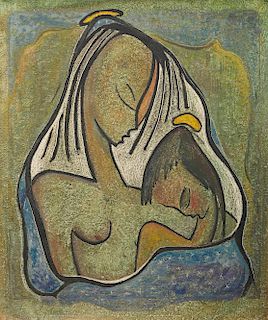ANGEL BOTELLO, (Puerto Rican, 1913-1986), Mother and Child, oil on masonite, 30 x 24 in., frame: 36 1/2 x 41 1/2 in.