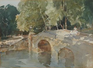 SIR WILLIAM RUSSELL FLINT, (Scottish, 1880-1969), Chateauneuf-sur-Loire, 1963, watercolor, sheet: 20 1/4 x 27 1/4 in., frame: 32 1/2 x 39 in.