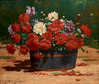 ABBOTT FULLER GRAVES, (American, 1859-1936), Chrysanthemums, oil on canvas, 36 1/2 x 42 1/2 in., frame: 42 1/2 x 48 1/2 in.