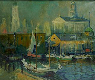 ARTHUR CLIFTON GOODWIN, (American, 1864-1929), Towering New York, Fulton Market Slip, oil on canvas, 34 x 40 in., frame: 41 1/2 x 47 1/2 in.