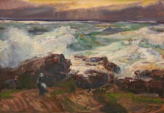 JAY CONNAWAY, (American, 1893-1970), Sunset Sea - Lobster Cove, oil on board, 14 x 20 in., frame: 17 3/4 x 23 3/4 in.
