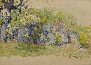JOHN JOSEPH ENNEKING, (American, 1841-1916), Garden, oil on board, 10 x 14 in., frame: 15 1/4 x 19 1/4 in.