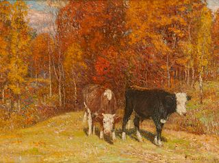 JOHN JOSEPH ENNEKING, (American, 1841-1916), Fall Landscape with Two Cows, oil on canvas, 21 3/4 x 29 3/4 in., frame: 27 1/2 x 35 1/2 in.