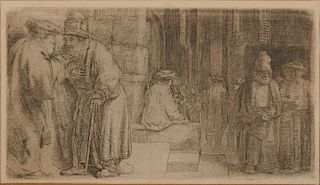 REMBRANDT VAN RIJN, (Dutch, 1606-1669), Jews in a Synagogue, etching, sheet: 3 3/8 x 5 5/8 in. (trimmed), frame: 8 1/2 x 10 1/2 in.
