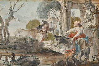 CONTINENTAL SCHOOL , (18th century), Figures in an Italian Landscape, watercolor, sight: 7 3/4 x 12 in., frame: 16 x 20 in.