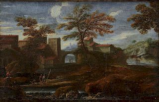 Attributed to GASPAR DUGHET, (French, 1616-1675), Pastoral Scene, oil on canvas, 9 7/8 x 13 3/8 in., frame: 13 1/2 x 18 1/2 in.