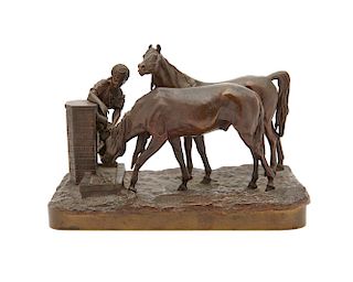 Russian Bronze, depicting two horses and a woman by a trough
