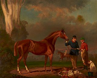 AMERICAN SCHOOL , (19th century), Equestrian Scene, signed indistinctly, l.r., 29 x 36 in., frame: 33 1/2 x 40 1/2 in.