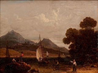 ROBERT SALMON, (American, 1775-c.1848), Fishermen at Work, 1838, oil on panel, 7 7/8 x 10 in., frame: 15 x 17 1/2 in.