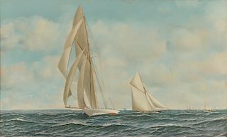 ANTONIO JACOBSEN, (American, 1850-1921), America's Cup Race, 1900, oil on canvas, 22 x 36 in., frame: 33 1/2 x 47 1/2 in.
