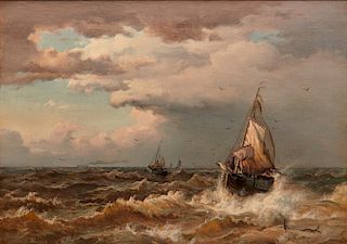 GEORGE SAVARY WASSON, (American, 1855-1926), Seascape with Ships, oil on canvas, 17 x 24 in., frame: 19 1/2 x 26 1/2 in.