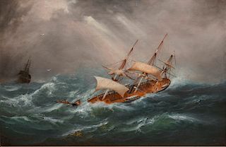CLIFTON A. HACKER, (American, 1874-1857), Ship in Rough Seas, oil on canvas, 24 x 36 in., frame: 35 x 47 in.