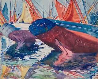 AIDEN LASSELL RIPLEY, (American, 1896-1969), Sailboats, Low Tide, 1928, watercolor, sight: 15 5/8 x 19 1/2 in., frame: 23 1/2 x 27 1/4 in.