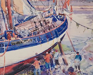 AIDEN LASSELL RIPLEY, Scrubbing the Hull, 1928, watercolor, sight: 15 5/8 x 19 3/8 in., frame: 23 1/2 x 27 1/4 in.