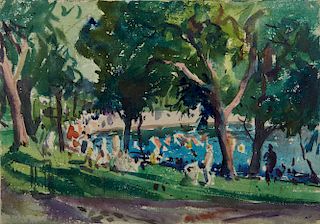 AIDEN LASSELL RIPLEY, (American, 1896-1969), Boston Public Garden View, watercolor, 7 x 10 in.