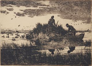 FRANK WESTON BENSON, (American, 1862-1951), Duck Blind, etching, plate: 7 7/8 x 10 7/8 in., sheet: 10 5/8 x 13 1/4 in.