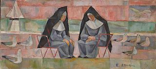 EMANUEL ROMANO, (American, 1897-1984), Nuns, 1960, oil on canvas, 18 x 40 in., frame: 19 x 41 in.