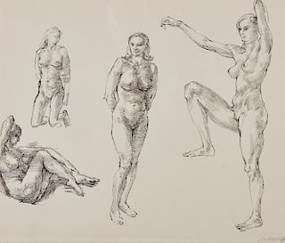 REGINALD MARSH, (American, 1898-1954), Nude Figures, ink on paper, sight: 10 x 12 in., frame: 22 1/2 x 24 1/2 in.