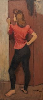 RAPHAEL SOYER, (American, 1899-1987), Young Girl, oil on canvas, 22 x 10 in., frame: 27 x 15 in.