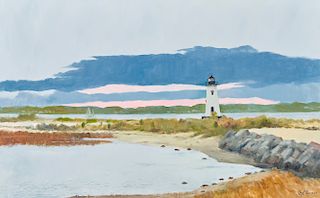 RAY ELLIS, (American, 1921-2013), Lighthouse at Dawn, 2009, oil on canvas, 30 x 48 in., frame: 38 x 56 in.