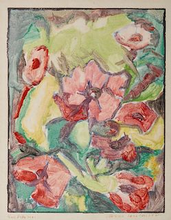 BLANCHE LAZZELL, (American, 1878-1956), Pink Petunias, monotype, sight: 8 1/2 x 6 1/2 in., frame: 18 1/4 x 15 3/4 in.