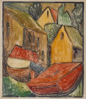 BLANCHE LAZZELL, (American, 1878-1956), Boats and Houses, 1923, monotype, sight: 14 x 12 in., frame: 26 x 23 in.