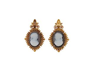 14K Gold and Carved Cameo Pendant Earrings