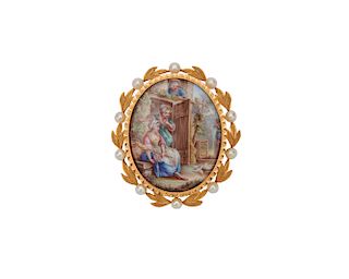 14K Gold, Pearl, and Hand-Painted Brooch
